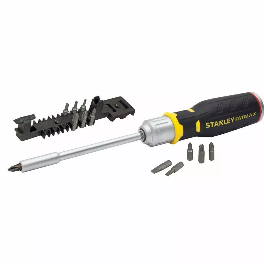 Stanley Tournevis Porte-embouts A Cliquet + 12 embouts Fente : 4-5,5-6mm / Ph1- Ph2 - Ph3/ Pz1-pz2-pz3 / T10-t15-t20 + Ratelier - FMHT0-62690